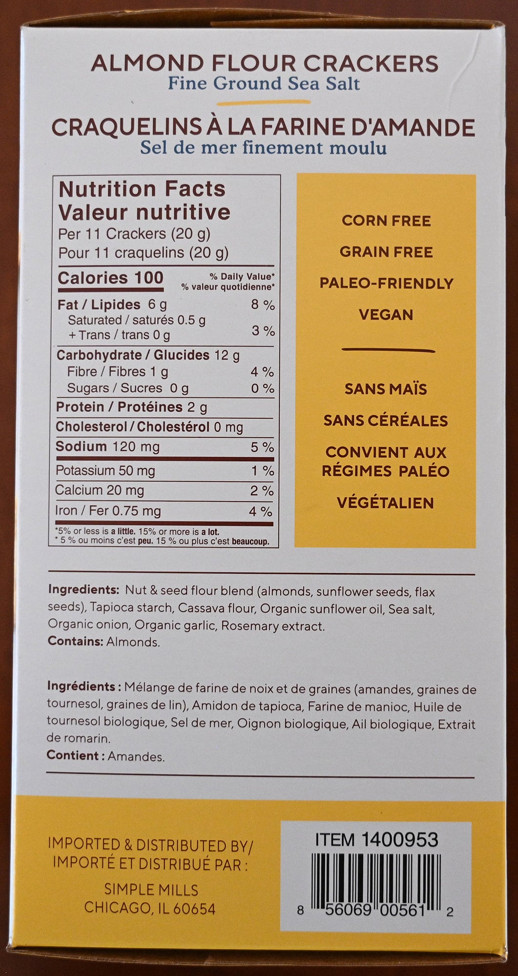 Image of the back of the box of crackers showing ingredients, nutrition facts and made in the US.