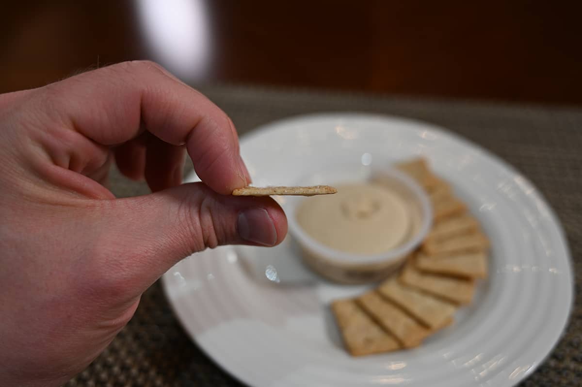 Image of a hand holding one cracker close to the camera on its side so you can see how thin the crackers are. 