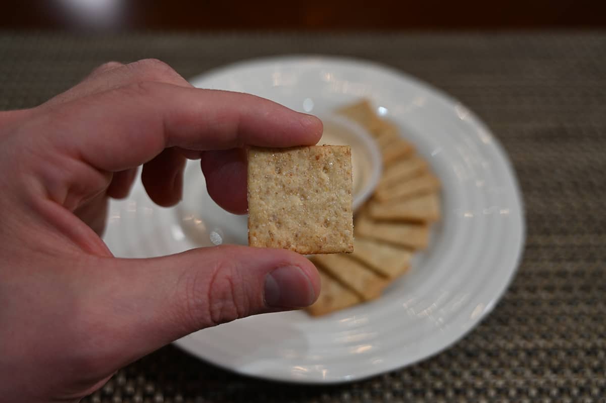Image of a hand holding one almond cracker close up to the camera with a plate of crackers in the background.