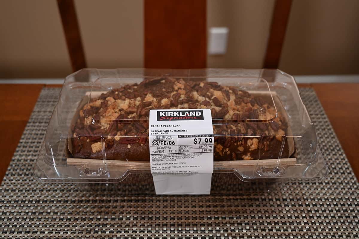 Image of the Costco Kirkland Signature Banana Pecan Loaf sitting on a table.