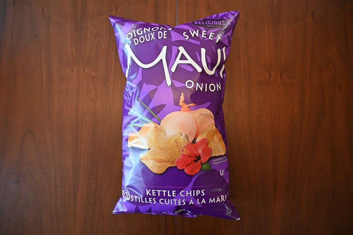 Costco Delicious Snacks Sweet Maui Onion Kettle Chips bag on a table. 