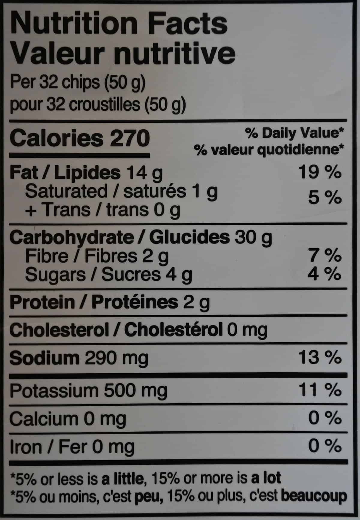 Costco Delicious Snacks Sweet Maui Onion Kettle Chips nutrition facts label. 