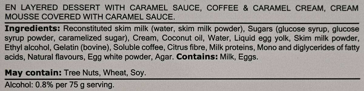 Ingredients list from dessert packaging.