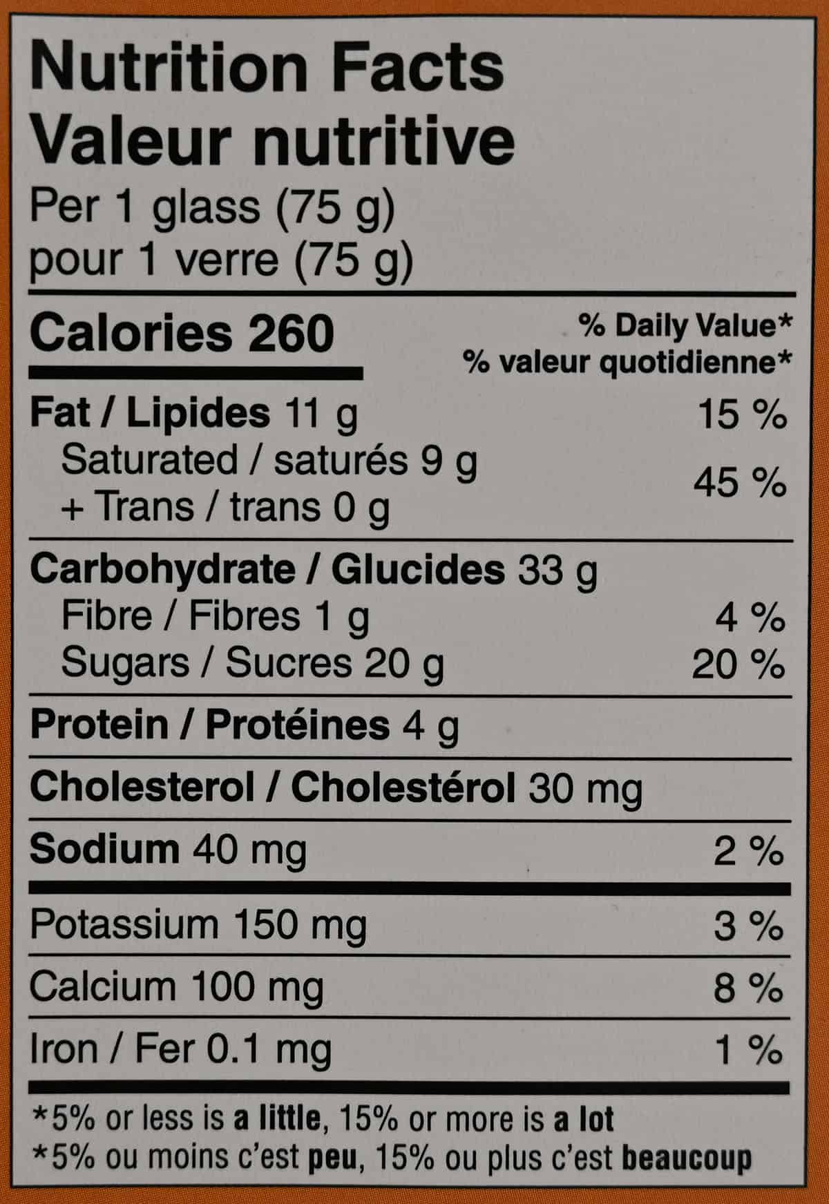 Nutrition facts from dessert packaging.