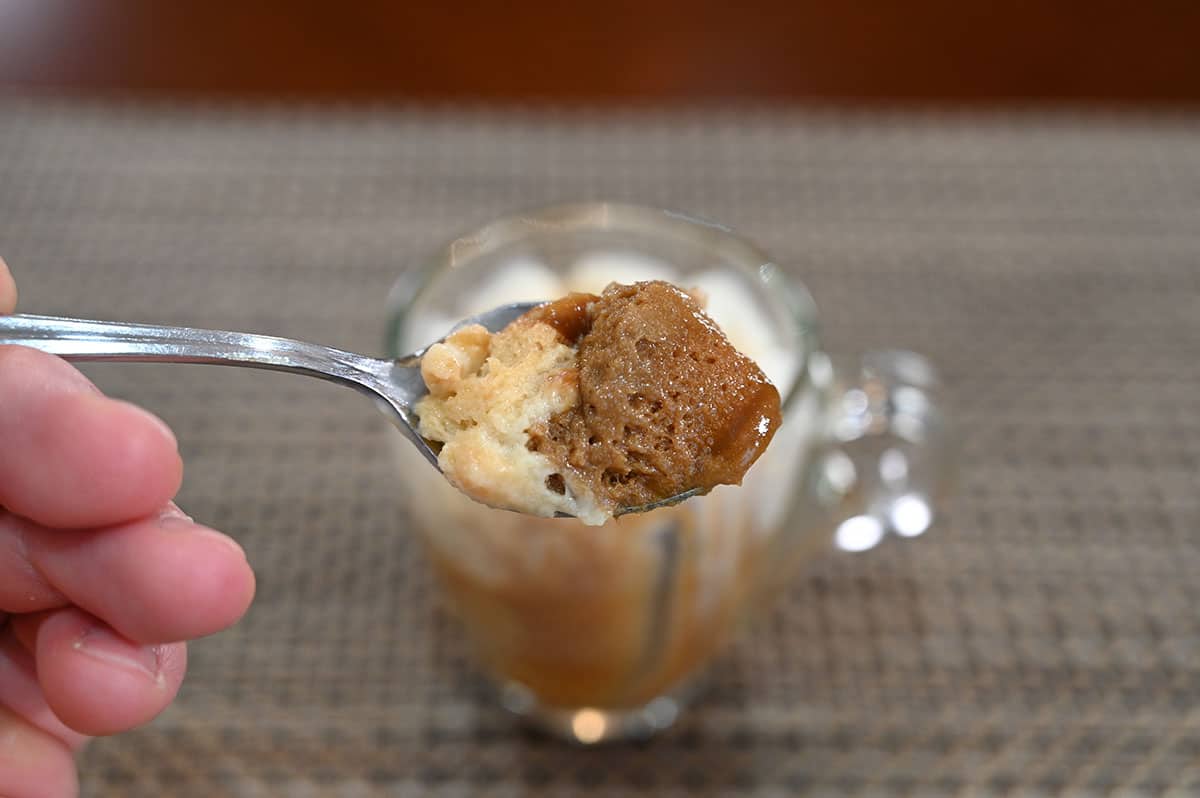Closeup image of one spoonful of dessert.