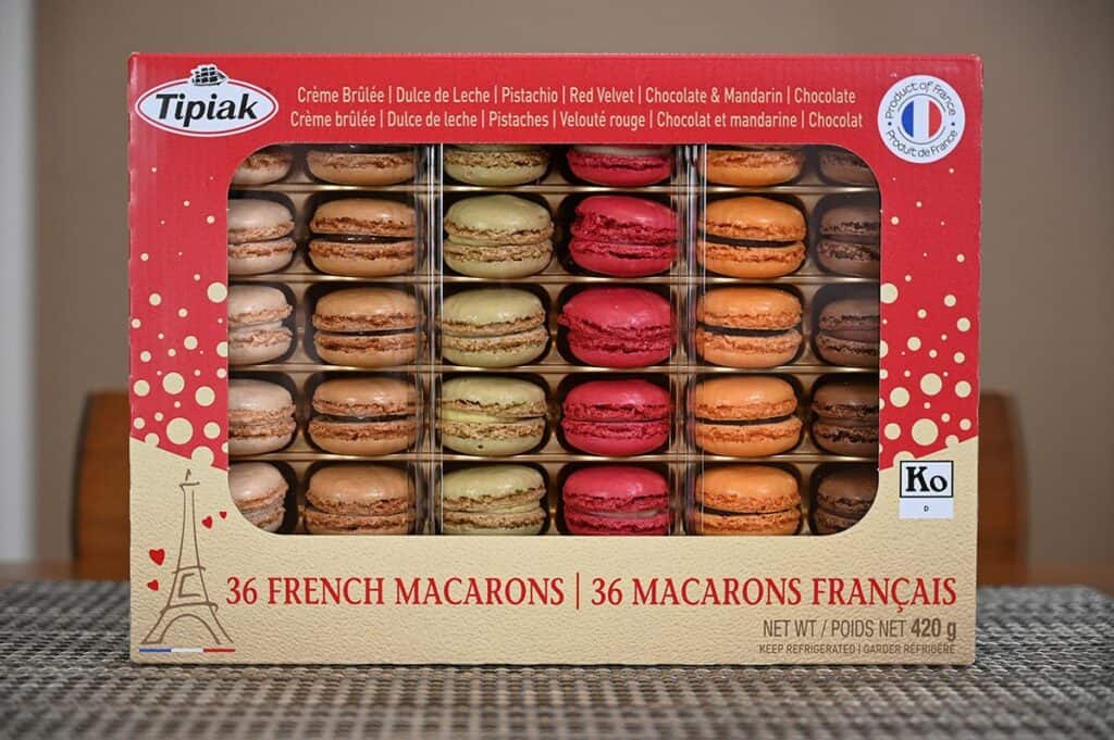 Image of the Costco Tipiak French Macarons box sitting on a table 