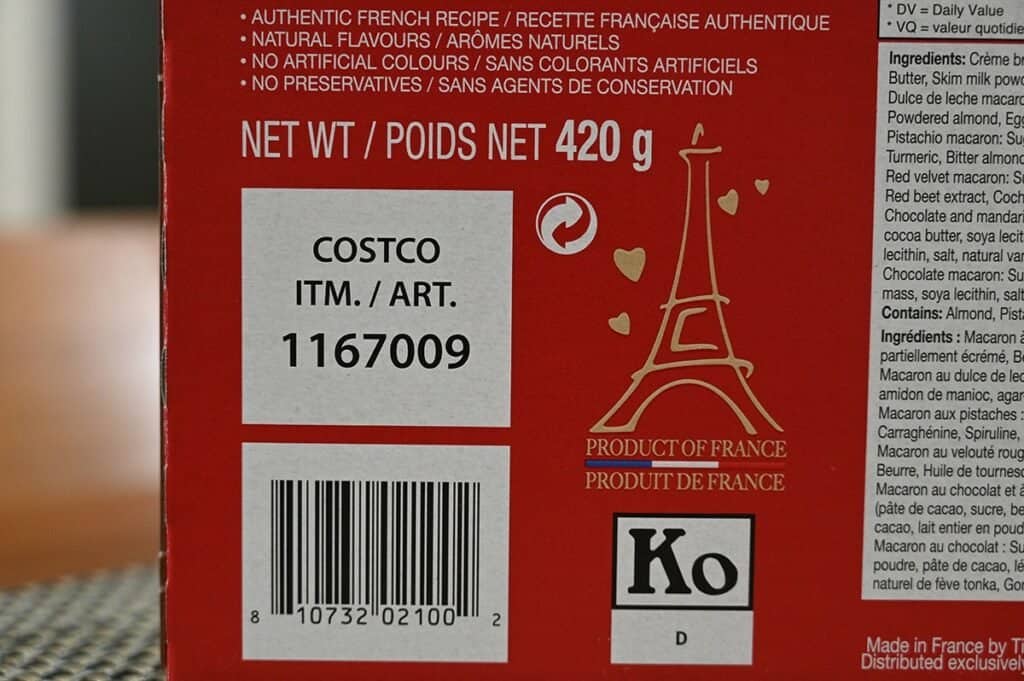 Image of the Costco Tipiak French Macarons back of the box showing the label number and that they're a product of france 