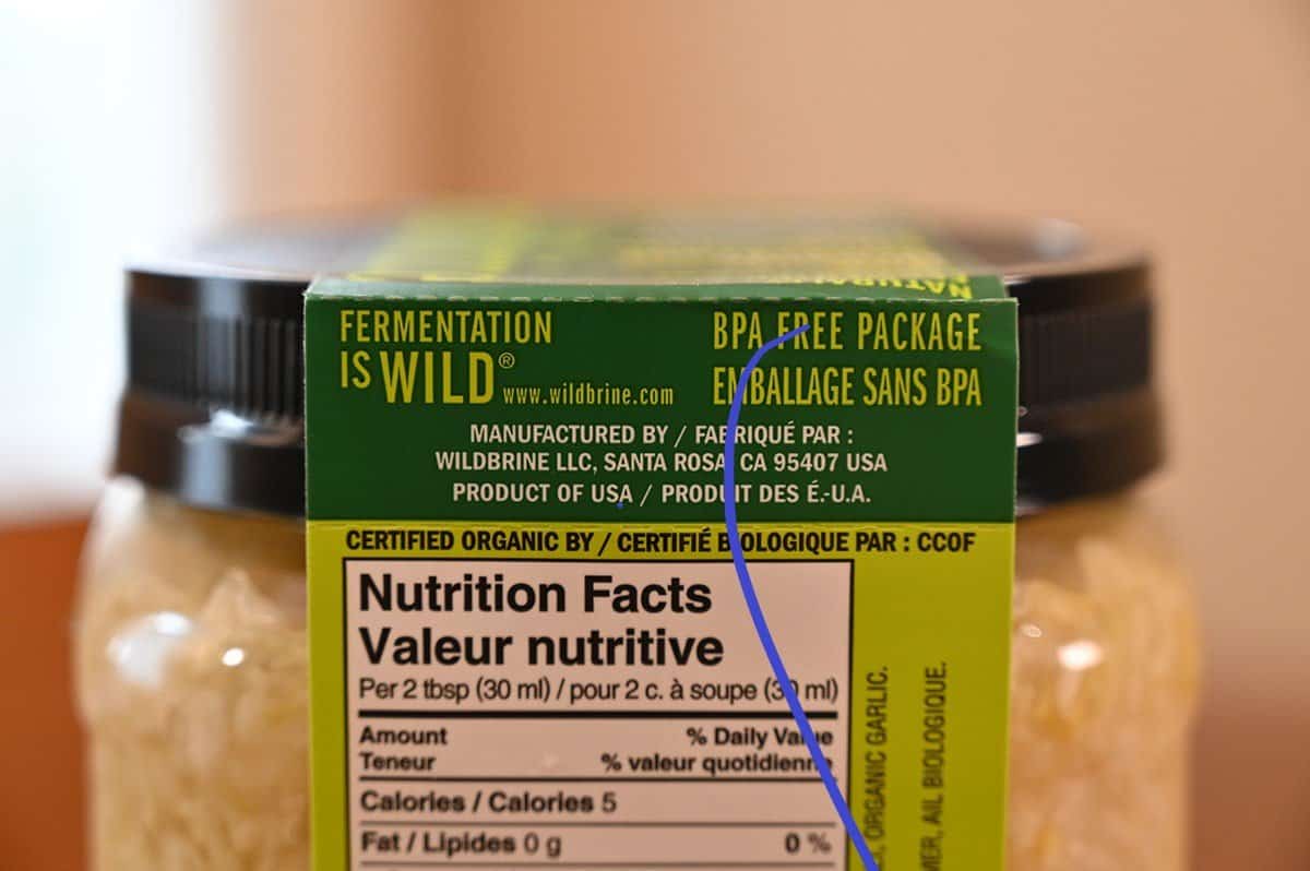 Image of the label on the Wildbrine Sauerkraut from Costco stating it's a US product and has BPA free packaging. 