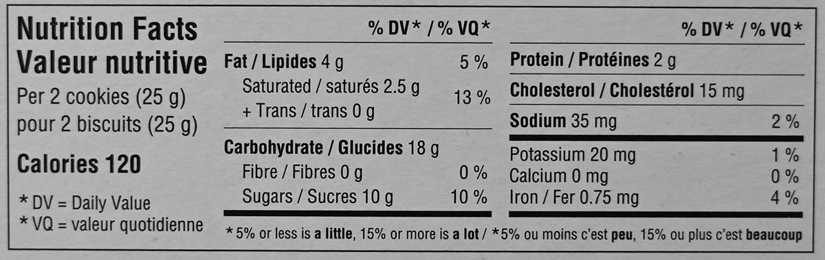 Chocolate-dipped biscuit nutrition facts from the back of the box.