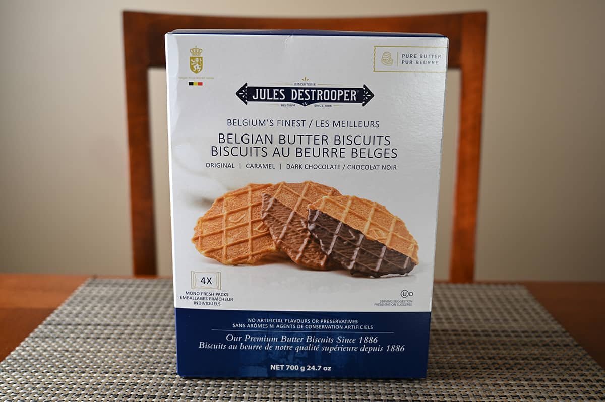 Costco Jules Destrooper Beglian Butter Biscuits box sitting on a table unopened.