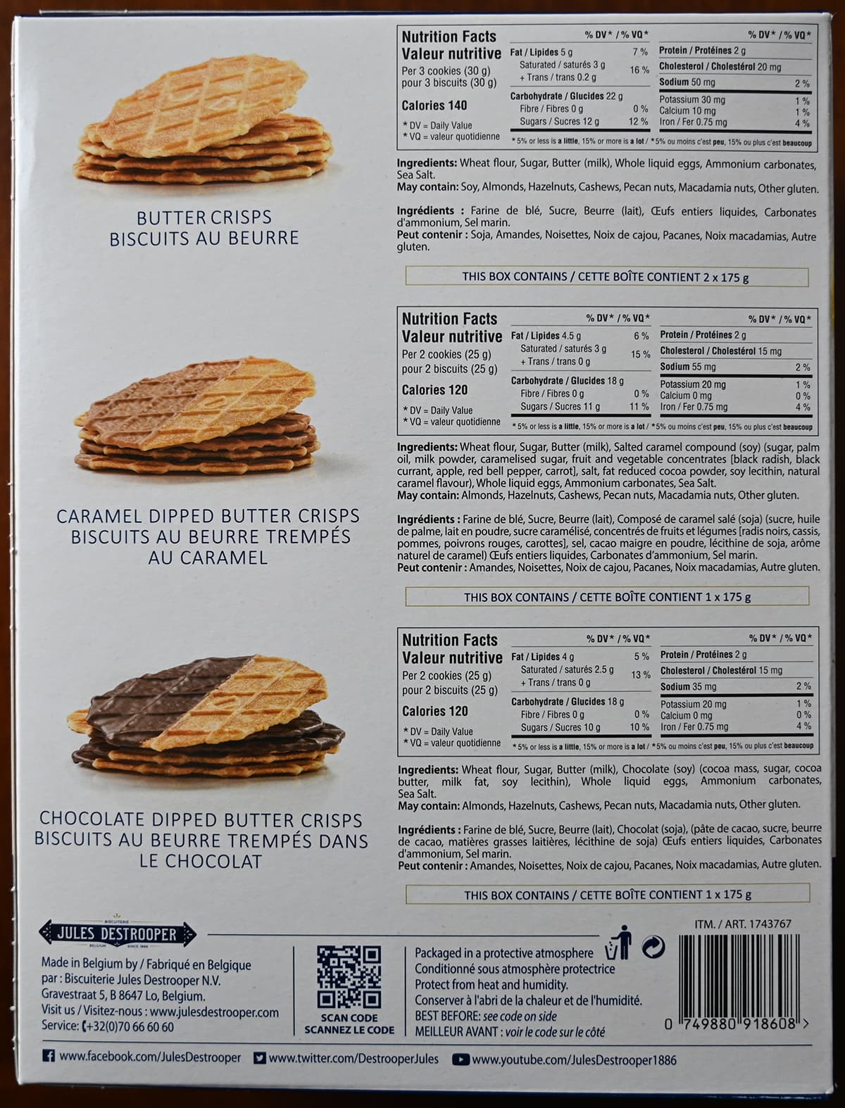 Image of the back of the box of biscuits showing ingredients, nutrition facts and where they are made.