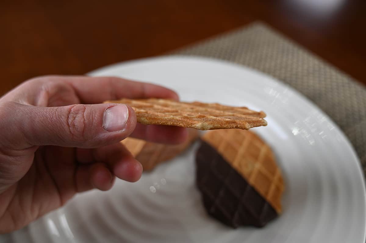 Image of a hand holding one butter biscuit close to the camera on its side so you can see the thickness of the biscuit.