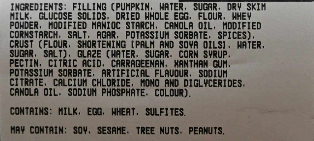 The ingredients list for the Costco Kirkland Signature Pumpkin Pie.