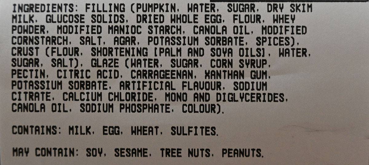 Image of the ingredients list for the Costco Kirkland Signature Pumpkin Pie.