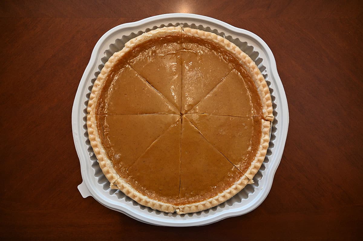 Image of the 2022 pumpkin pie with the lid off, top down image.