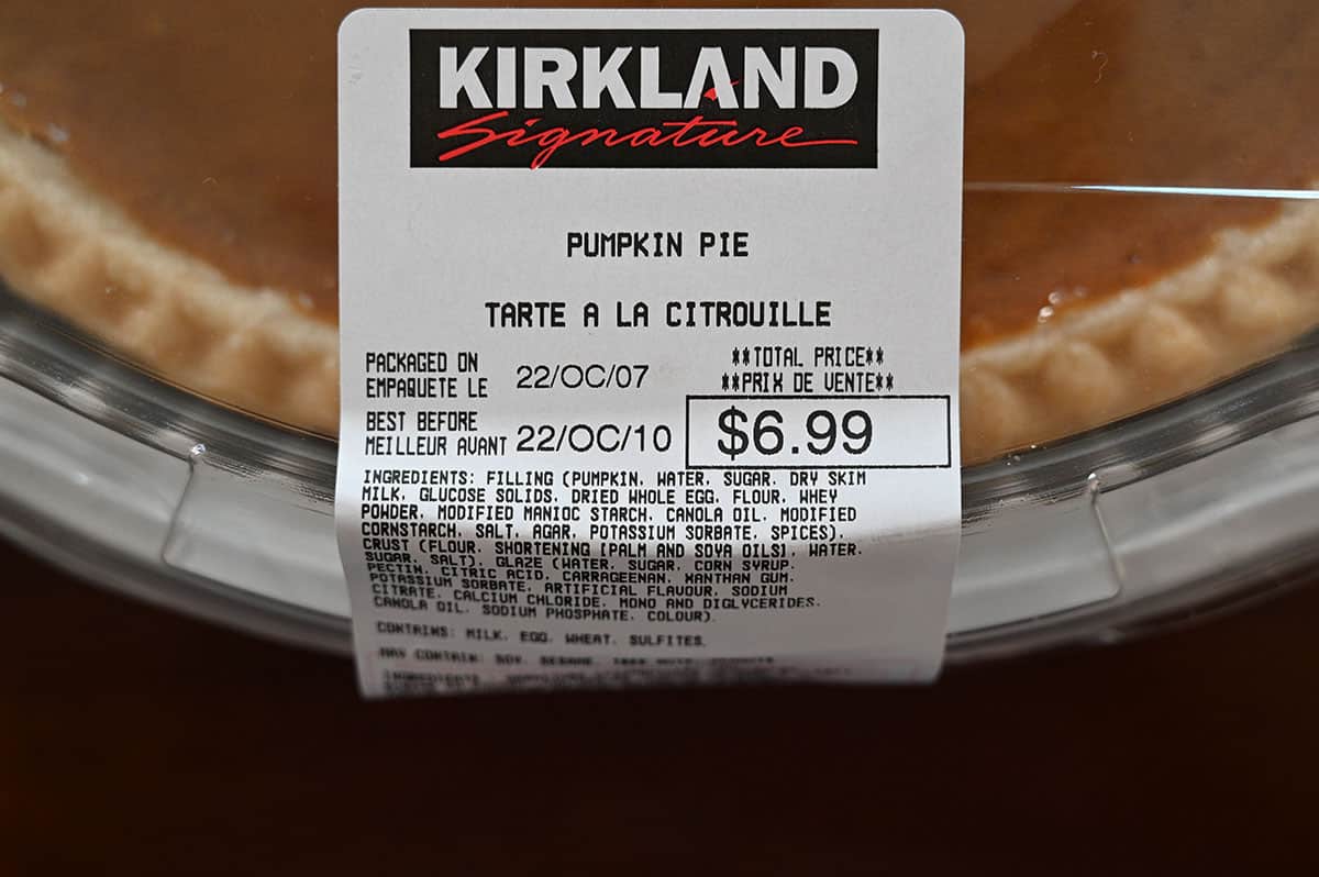 Closeup image of the 2022 Costco pumpkin pie label. 
