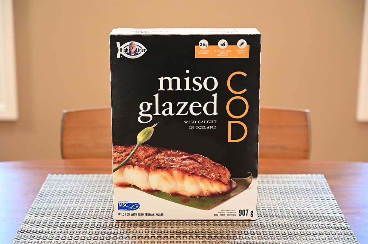 Costco High Liner Miso Glazed Cod  box sitting on a table. 