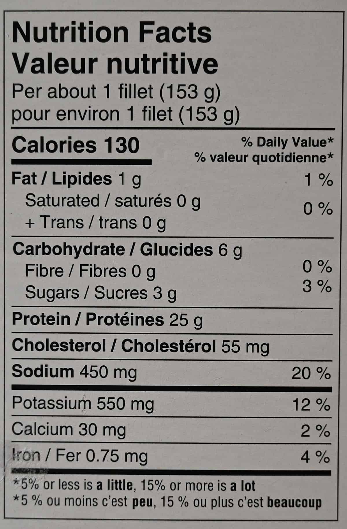 Costco Miso Glazed Cod Nutrition Facts from box. 