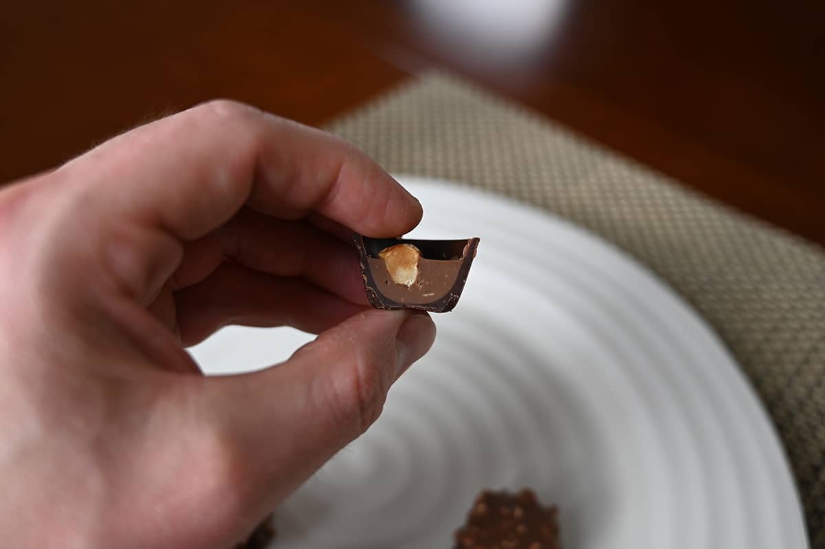 Image of a hand holding one hazelnut gianduja chocolate close to the camera cut in half so you can see the center.