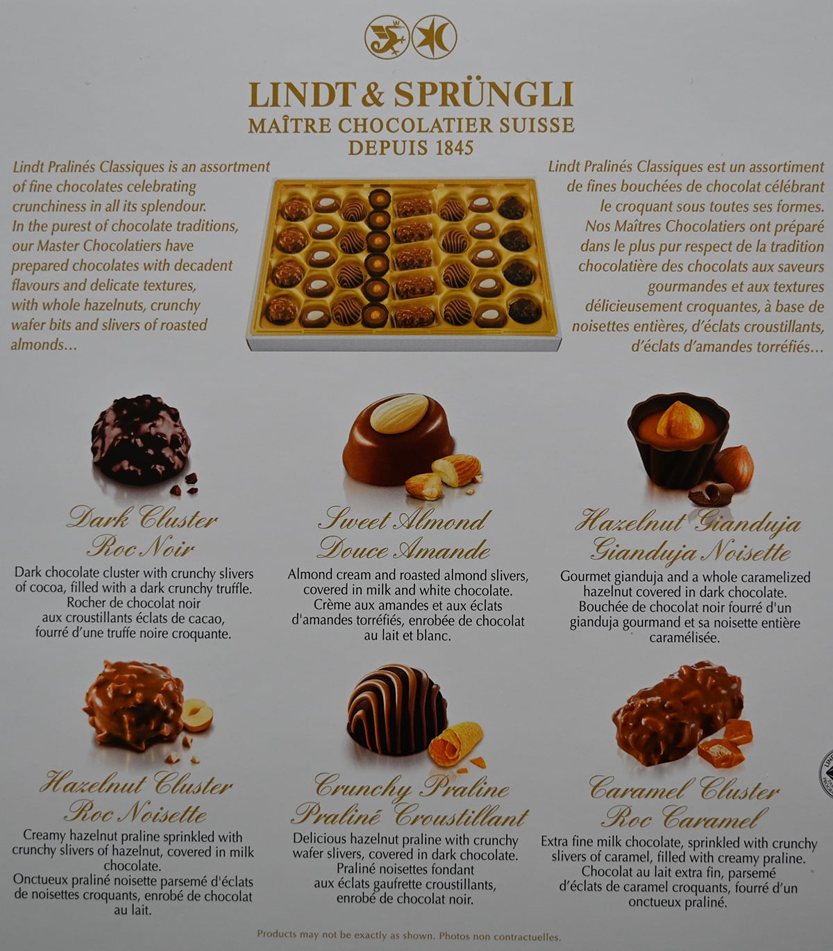 Image of the back of the box of chocolates showing the different chocolates that come in the box as well as a product description.