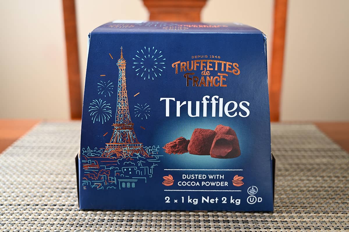 Image of the two kilogram Costco Truffettes De France Chocolate Truffles box sitting on a table unopened.