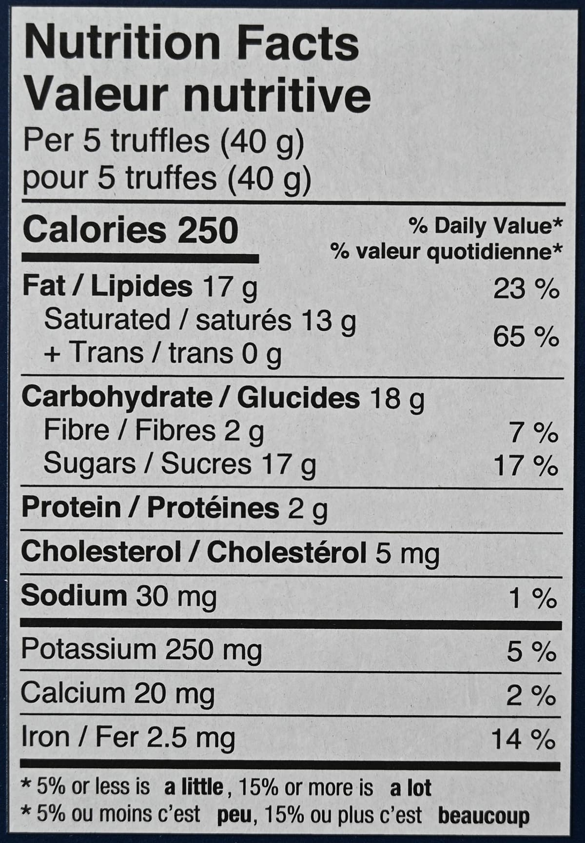 Image of the nutrition facts for the truffles from the back of the box.