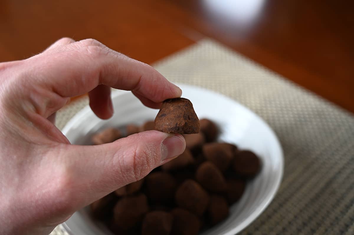Closeup image of a hand holding on truffle above a bowl of truffles.