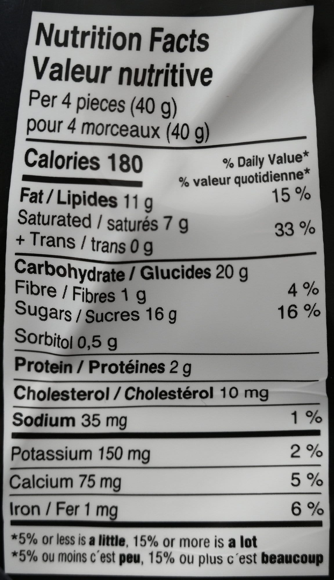 Image of the nutrition facts for the chocolates from the back of the container.