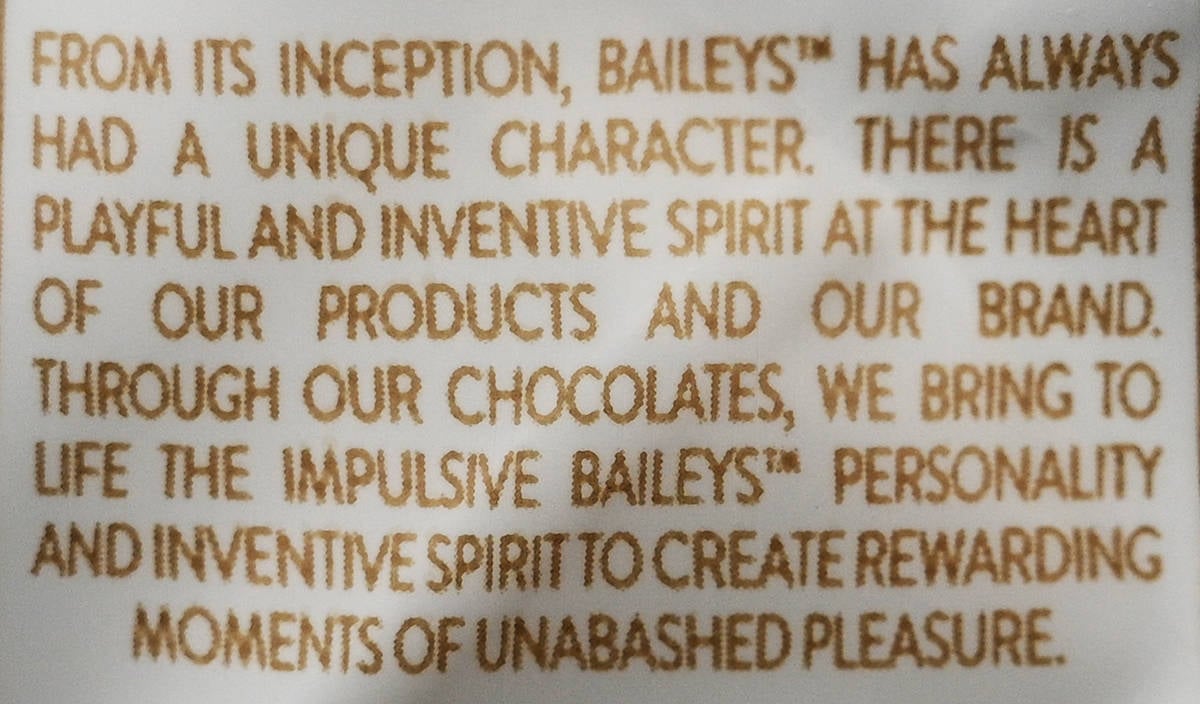 Image of the Baileys chocolates product description from the back of the container.