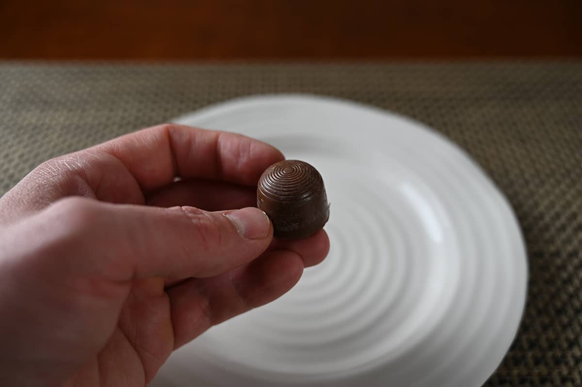 Closeup image of a hand holding one unwrapped Baileys chocolate close to the camera with.