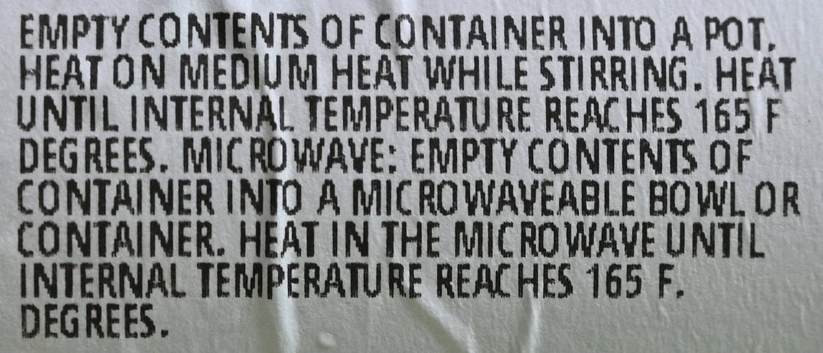Image of the heating instructions for the chili from the packaging.