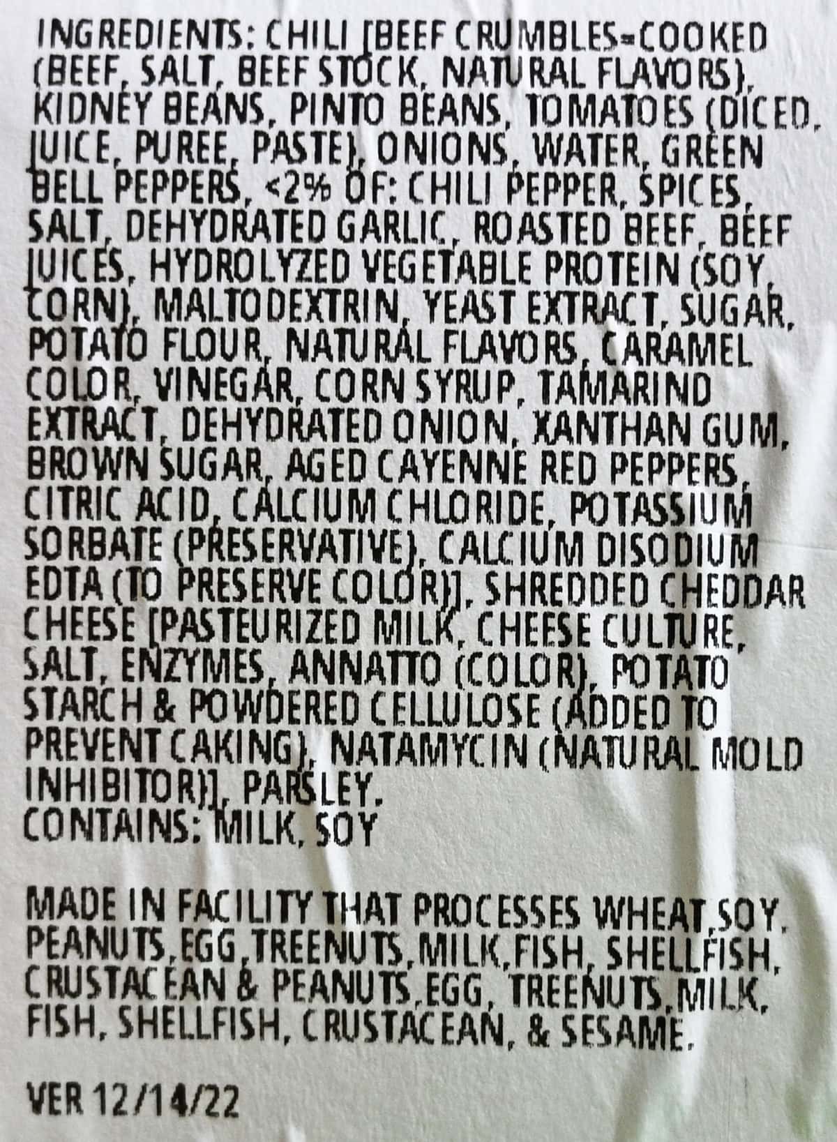 Image of the ingredients list for the chili from the packaging.