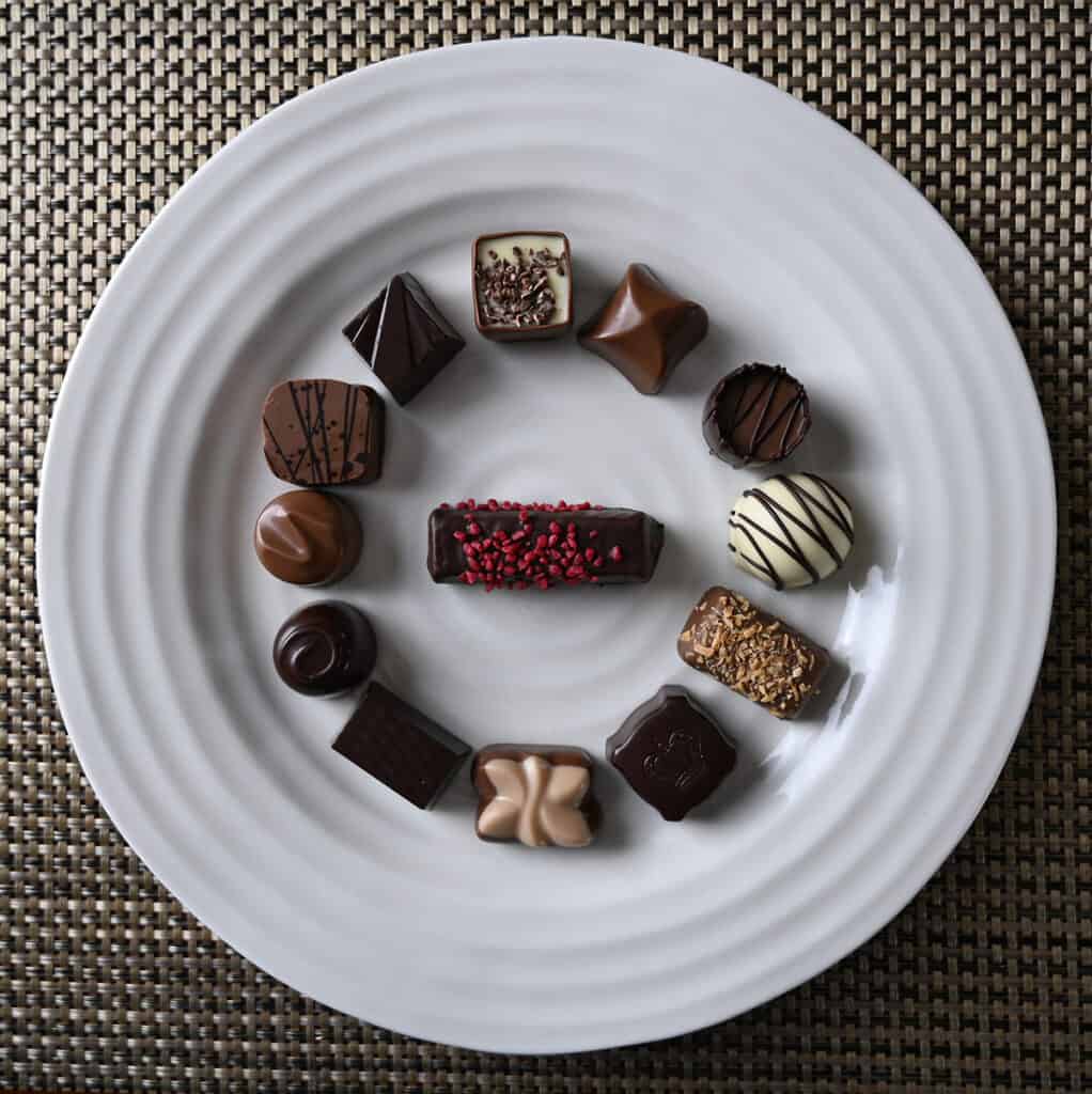 Top down image of 13 different chocolates served on a plate.