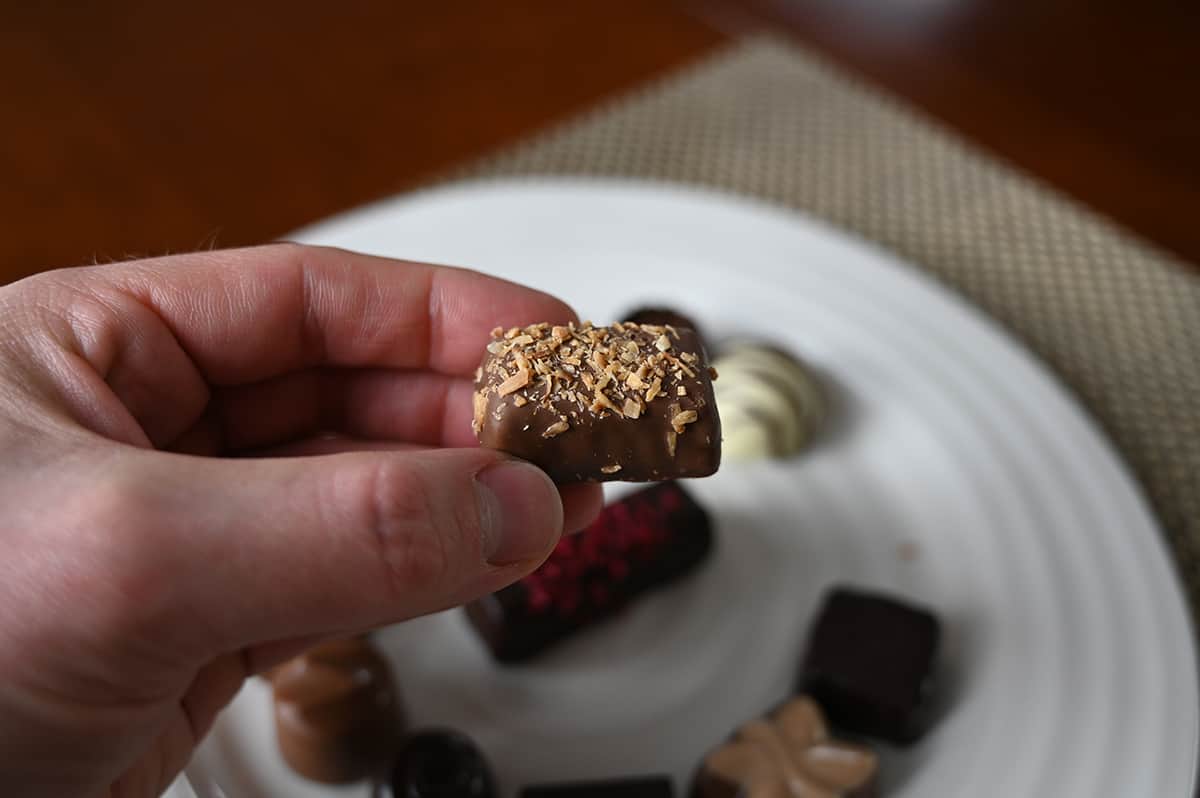 Image of a hand holding a coco tresor chocolate close to the camera. 
