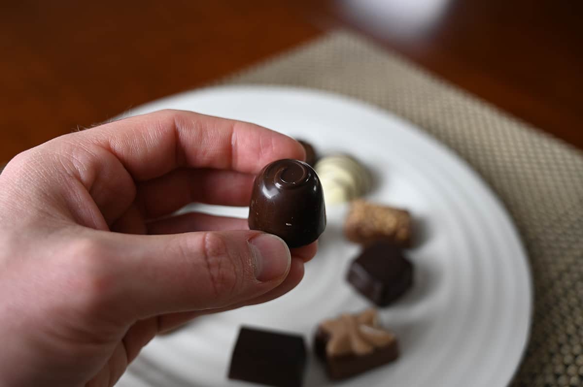 Image of a hand holding a Agate chocolate close to the camera. 