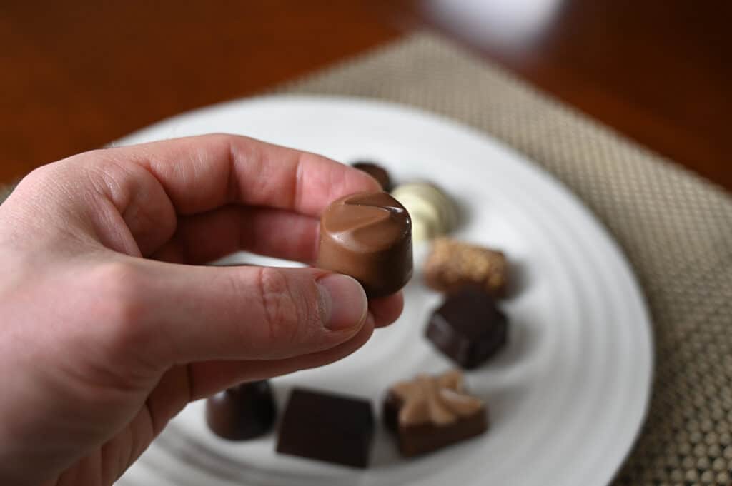 Image of a hand holding a hazel chocolate close to the camera. 
