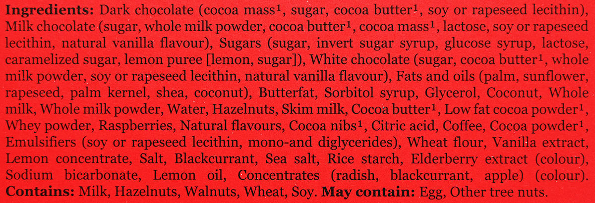 Image of the ingredients list for the chocolates from the back of the box.