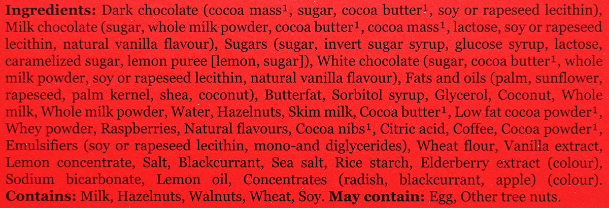 Image of the ingredients list for the chocolates from the back of the box.