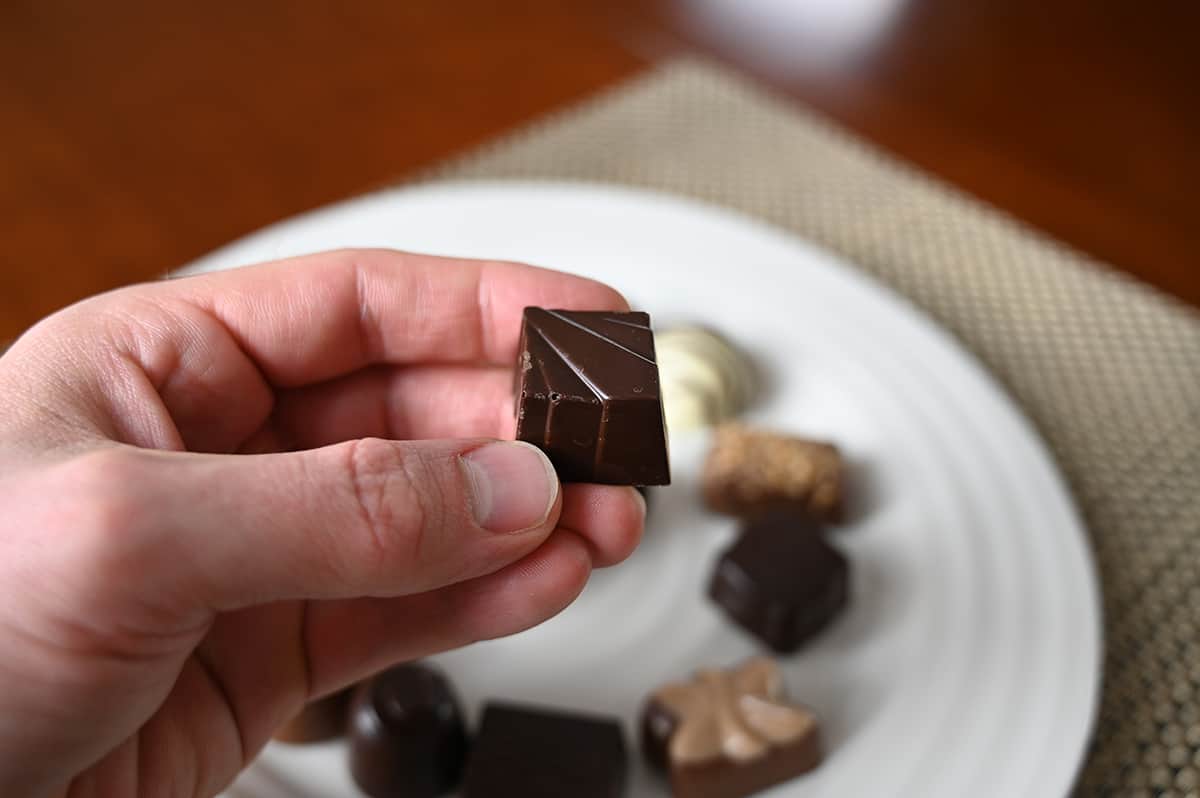 Image of a hand holding a thalia chocolate close to the camera. 