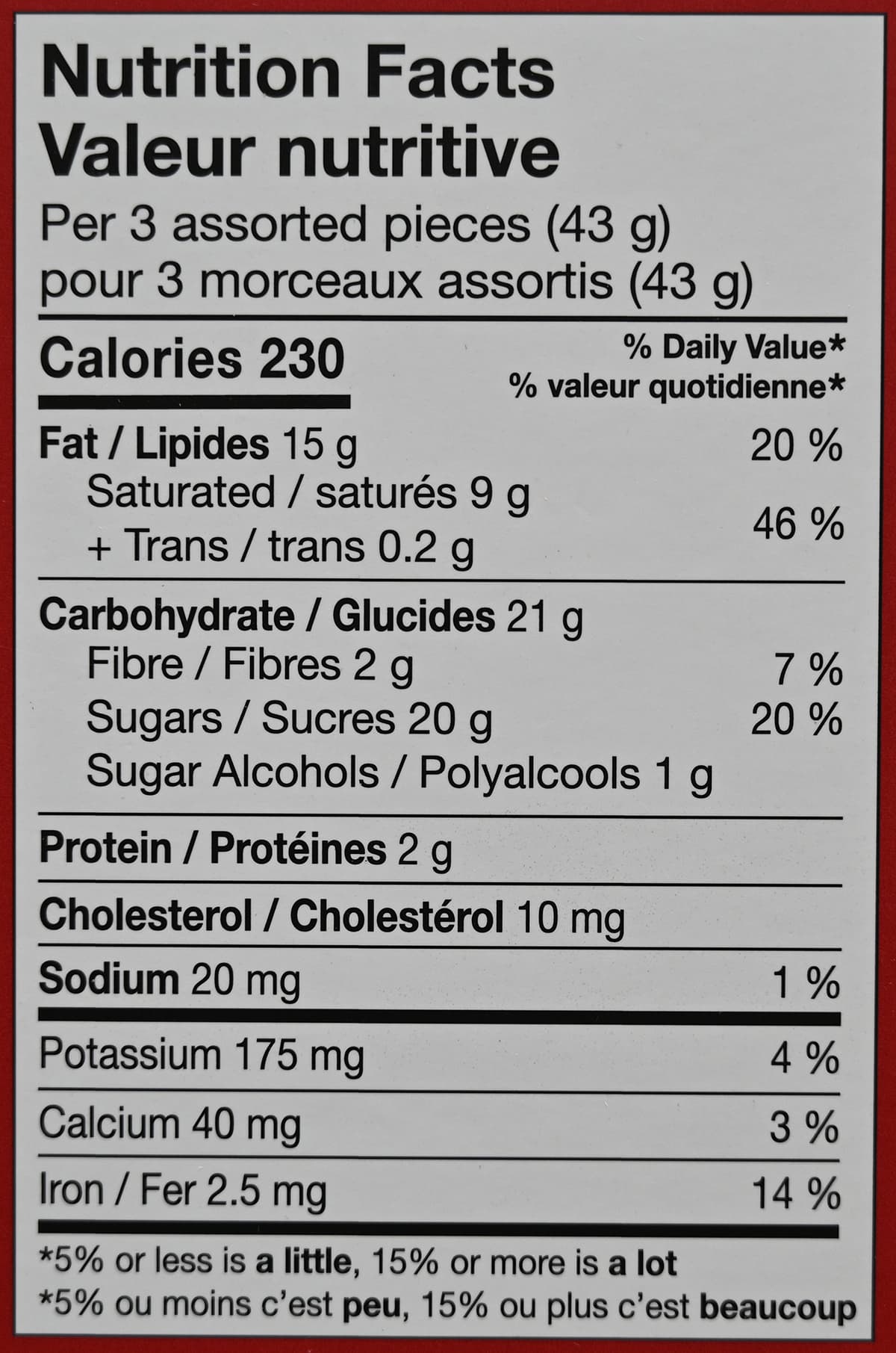 Image of the nutrition facts for the chocolates from the back of the box.