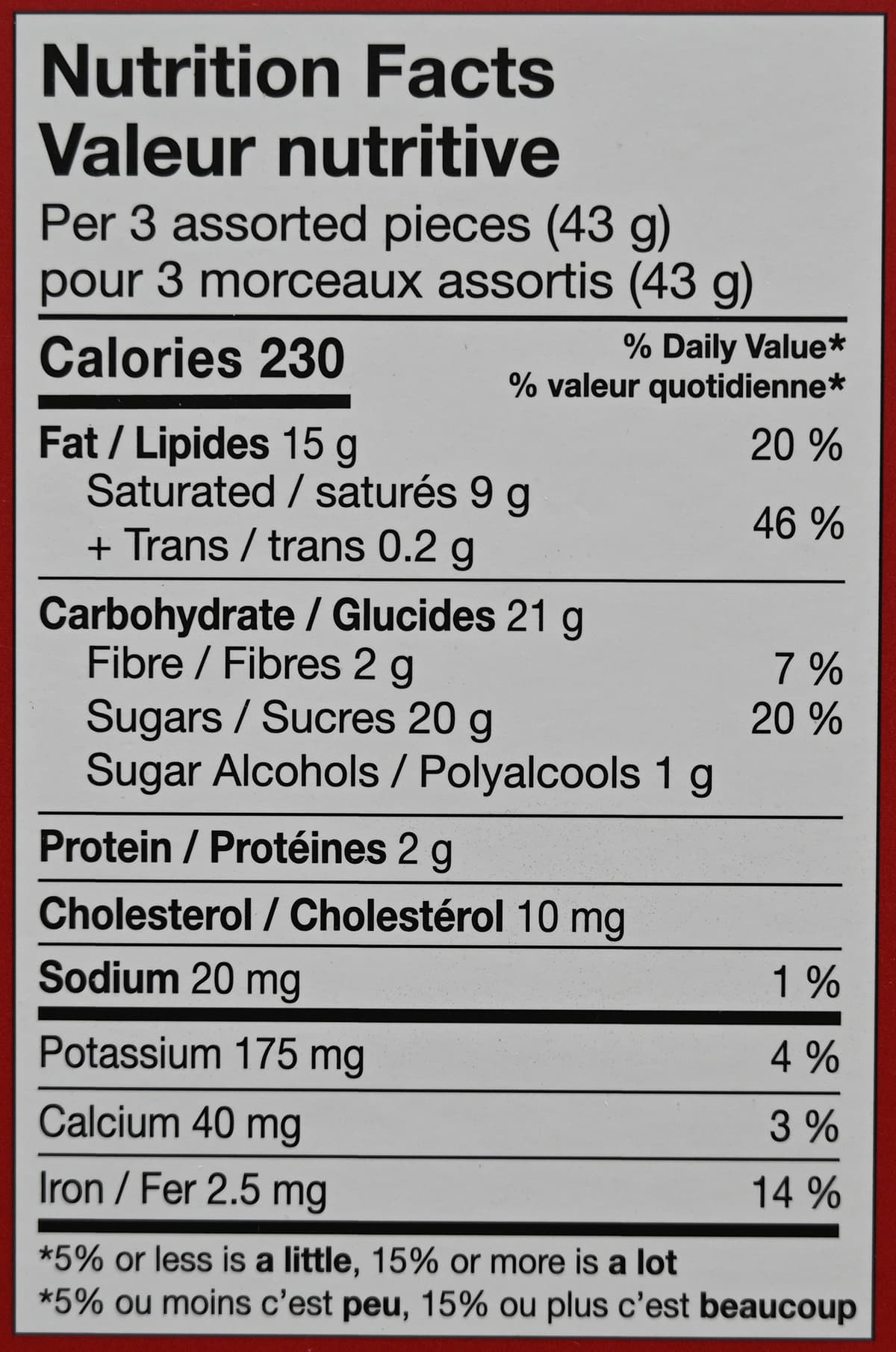 Image of the nutrition facts for the chocolates from the back of the box.