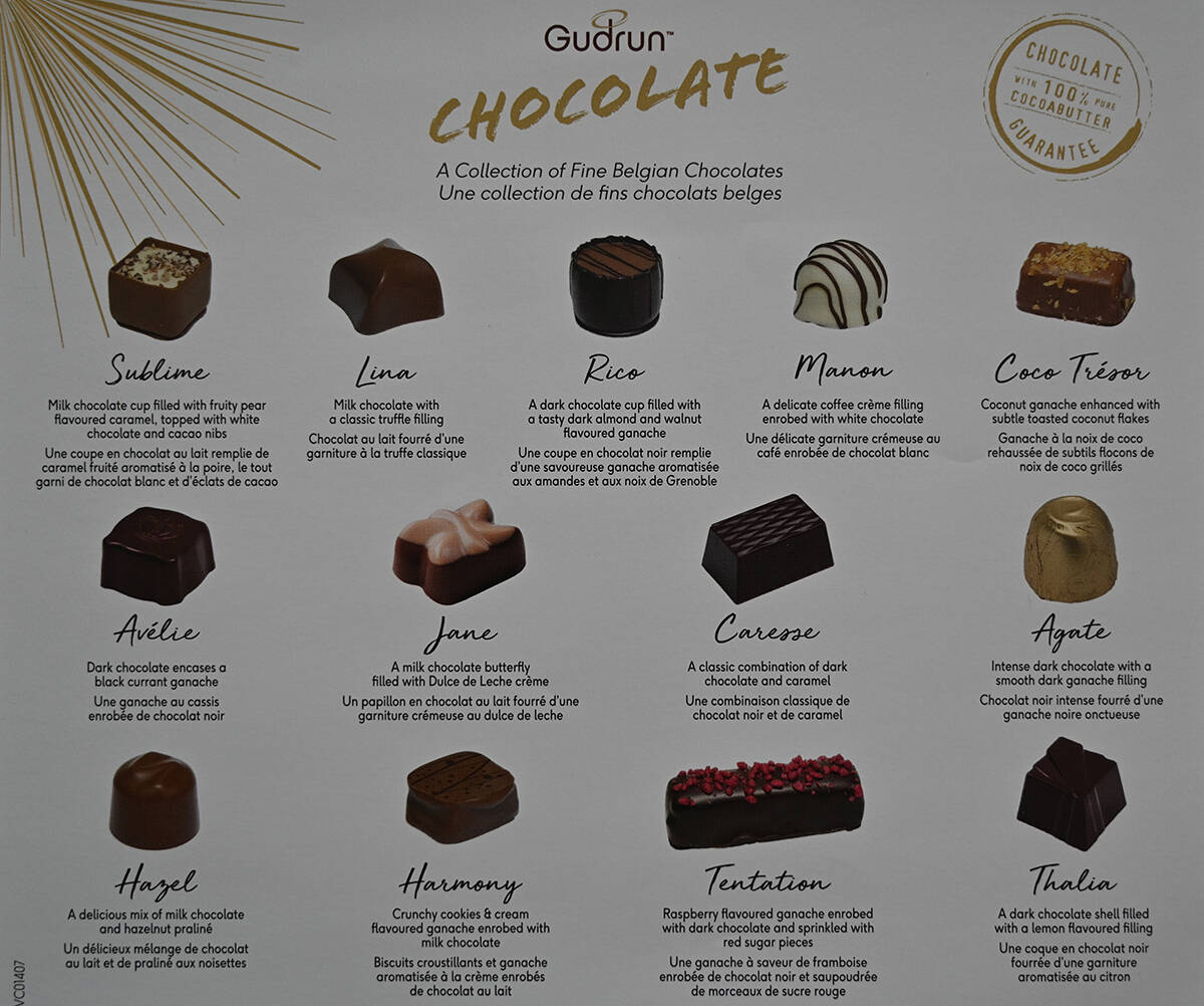 Image of the Gudrun chocolates guide showing all the different chocolates that come in the box.