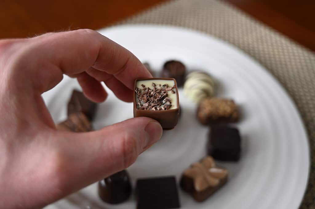 Image of a hand holding a sublime chocolate close to the camera. 