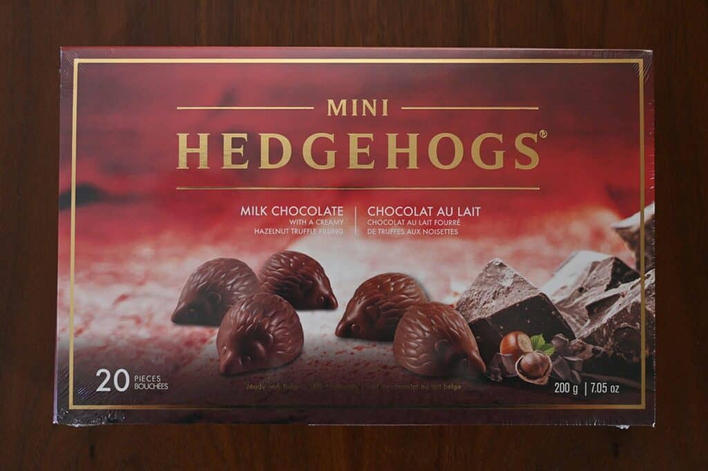 Image of the Costco CHOCXO Mini Hedgehogs box sitting on a table 