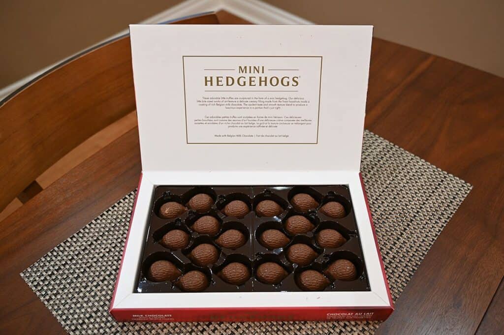 Image of the Costco CHOCXO Mini Hedgehogs box sitting on a table with the lid open. 