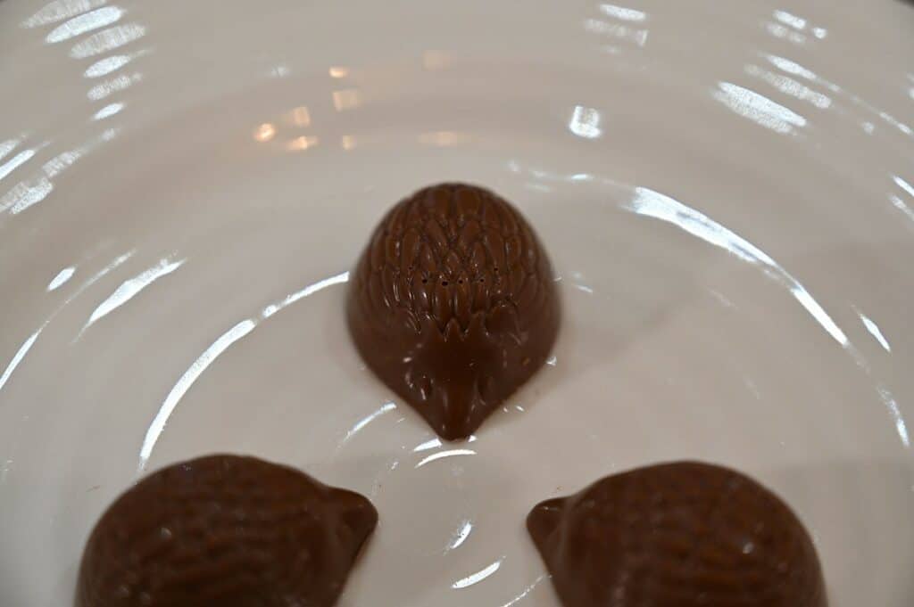 Image of the Costco CHOCXO Mini Hedgehogs on a plate, three hedgehogs on a plate. Closeup image.