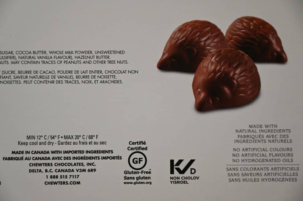 Image of the back of the box of the Costco CHOCXO mini hedgehog.s showing that they are certified gluten-free. 