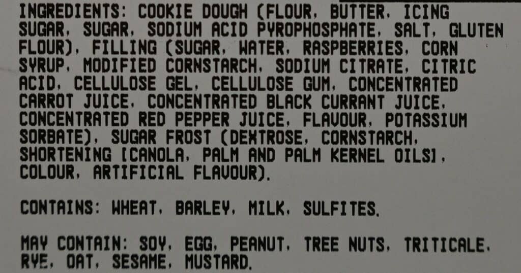 Close up image of the Costco Kirkland Signature Raspberry Crumble Cookie Ingredients