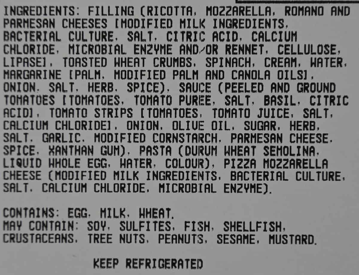 Costco Four Cheese and Spinach Manicotti Ingredients label. 