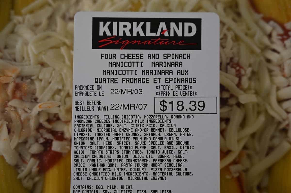 Four Cheese and Spinach Manicotti from Costco label that includes the cost, when it was made and ingredients.